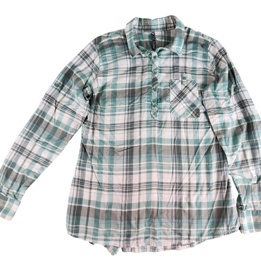 KÜHL Spektra Plaid Popover Shirt Women XL Green Plaid Roll Tab Sleeve Shirt Gorp